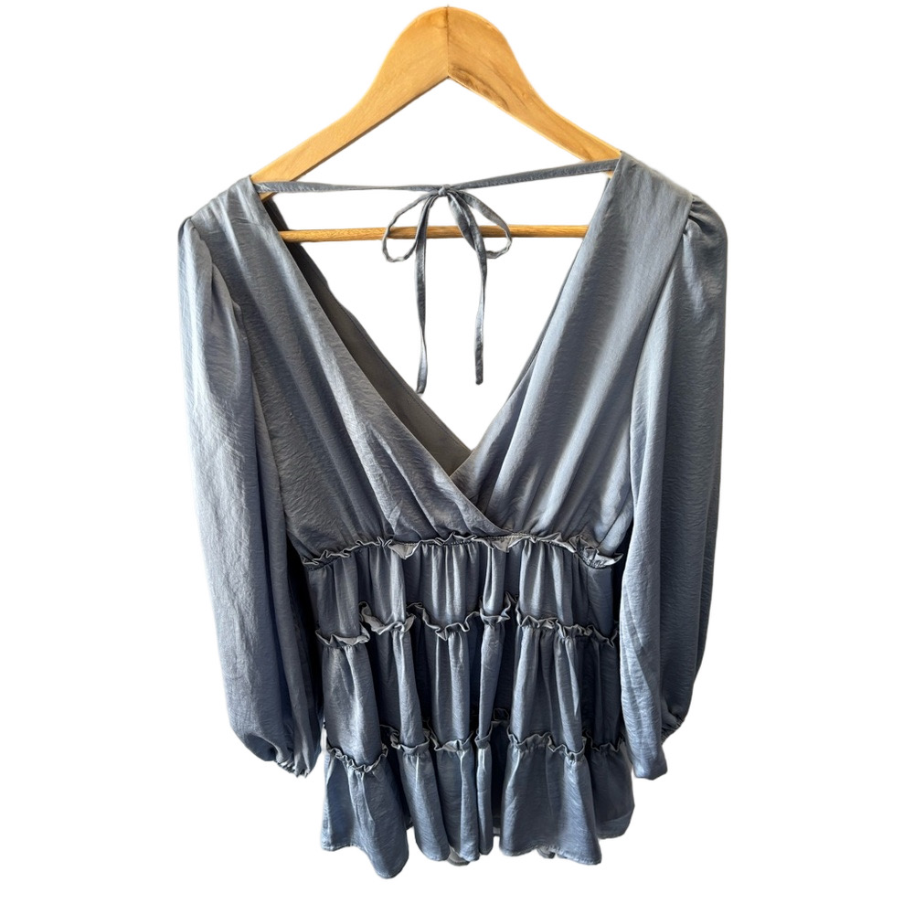 Lulu's Moonstruck Slate Blue Satin Tiered Long Sleeve Mini Dress Size S V-Back - Picture 4 of 13